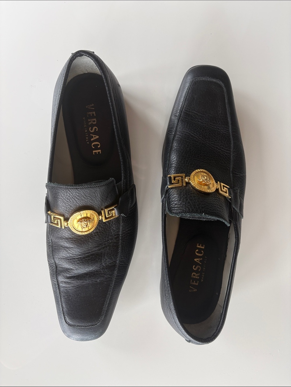 Versace Black Leather Loafers with Gold Medusa Hardware